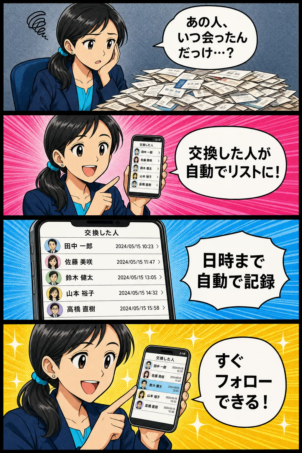 名刺を交換した相手が日時つきで自動でリスト化される